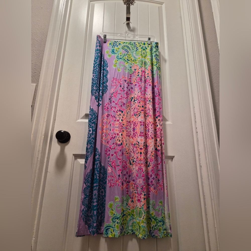 Lilly Pulitzer Lavender Maxi Skirt with Pink, Teal & Lime Medallion Print